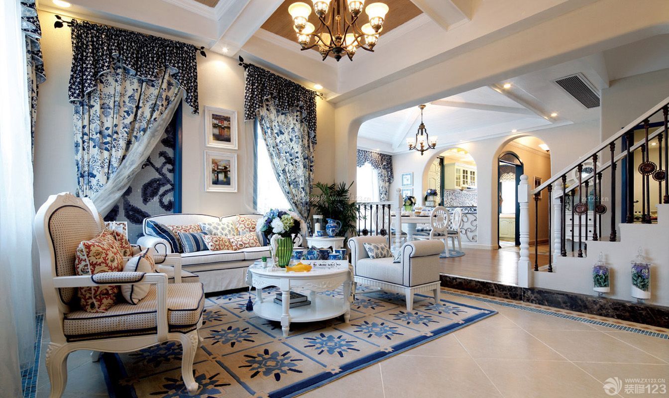 地中海风格贴图 豪华别墅 挑高客厅装修效果图