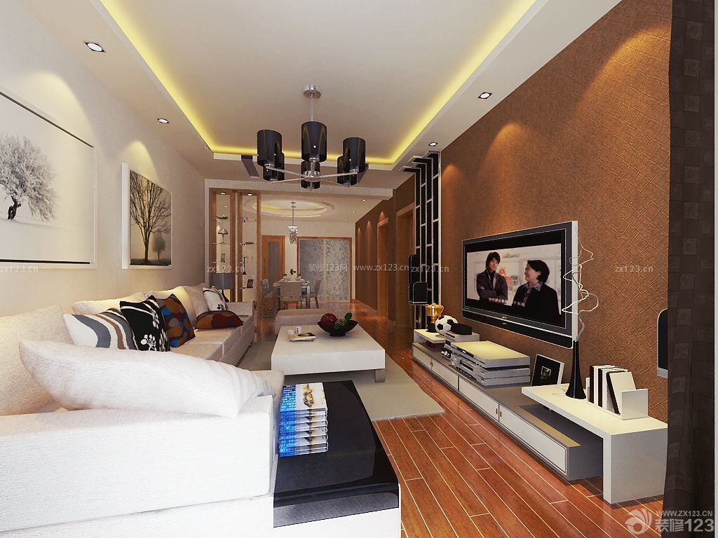 现代设计风格 长方形客厅 白色沙发