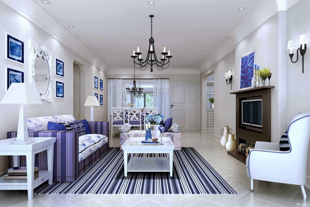 白与蓝的搭配地中海风家庭三居室客厅装修图