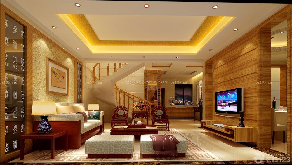 别墅装修挑高客厅木质背景墙设计图欣赏