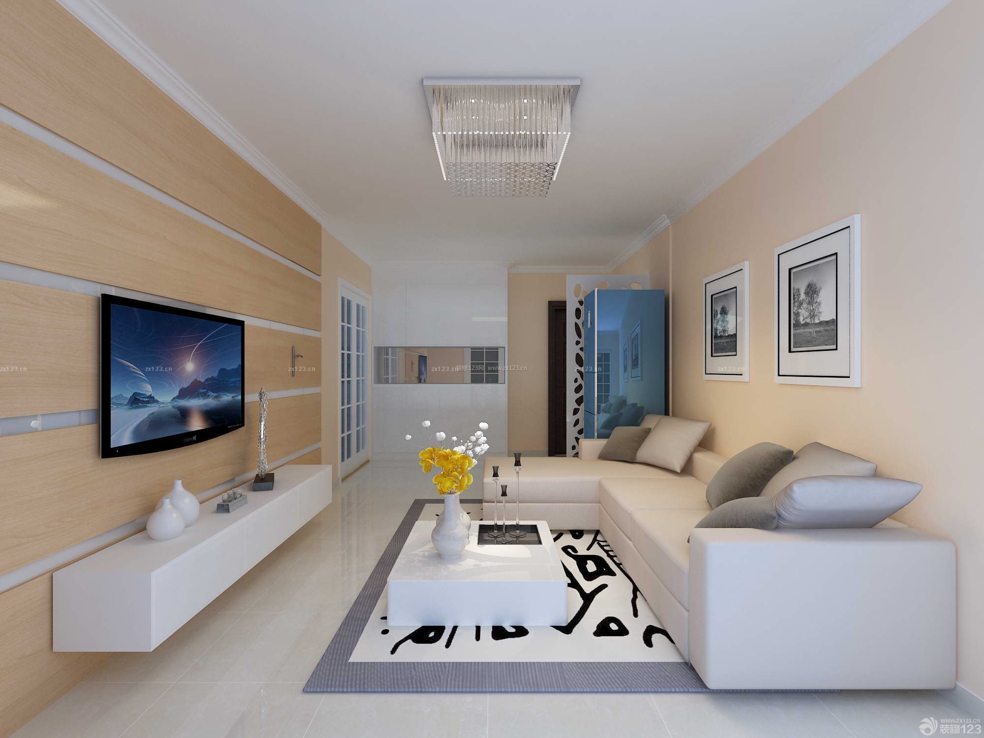 现代设计风格 小户型 长方形客厅 转角沙发