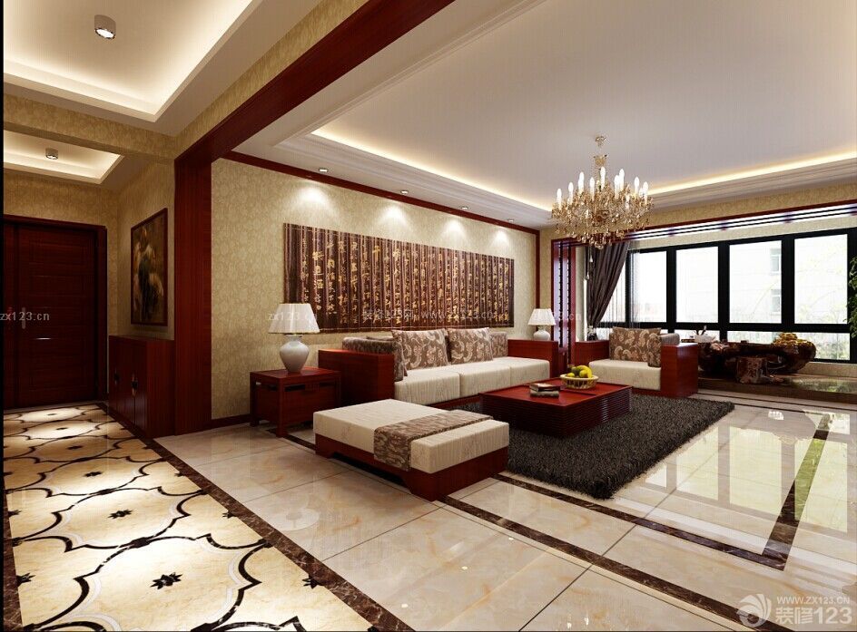 新中式风格三室两厅客厅装修设计组合沙发图