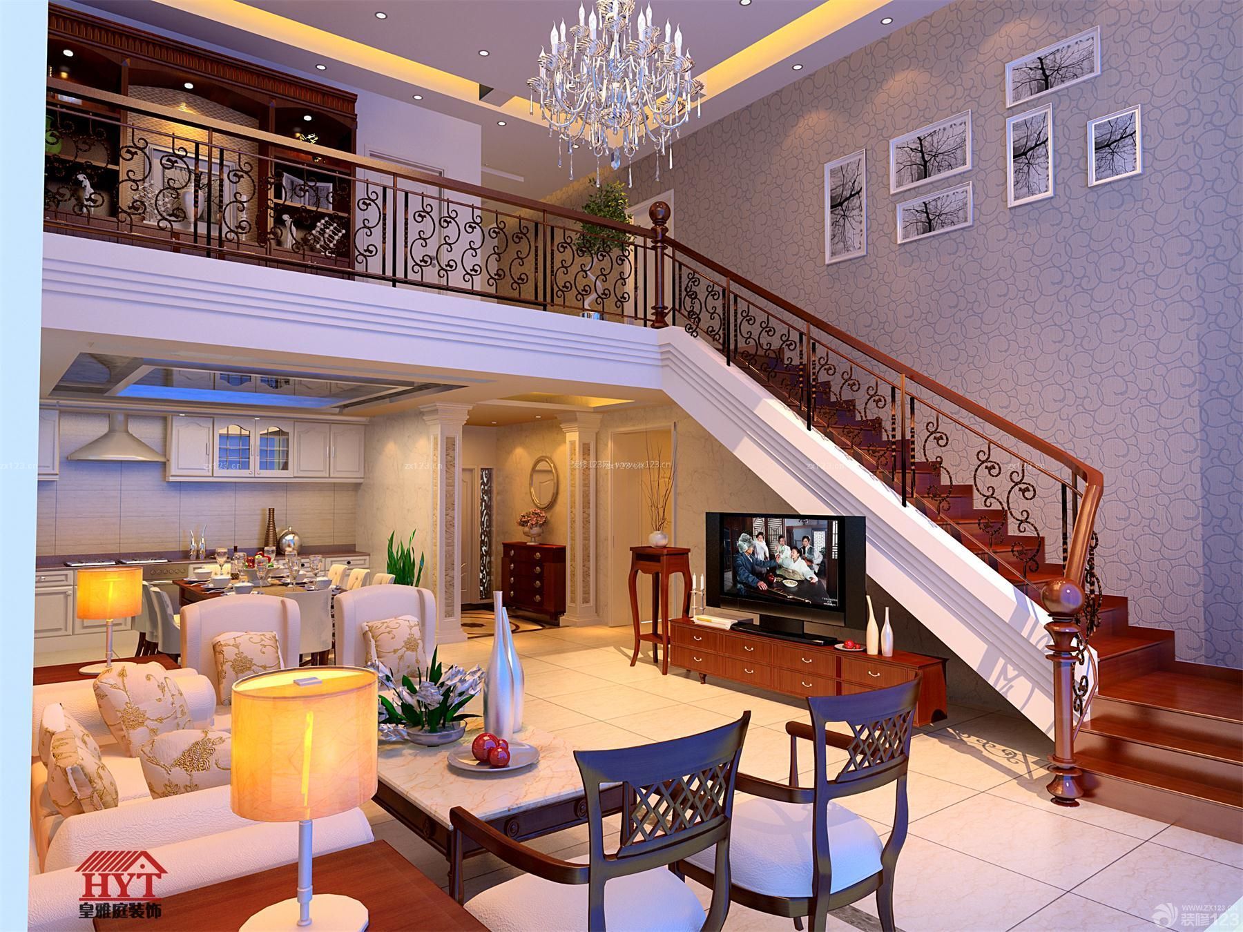新中式风格别墅客厅电视组合柜效果图