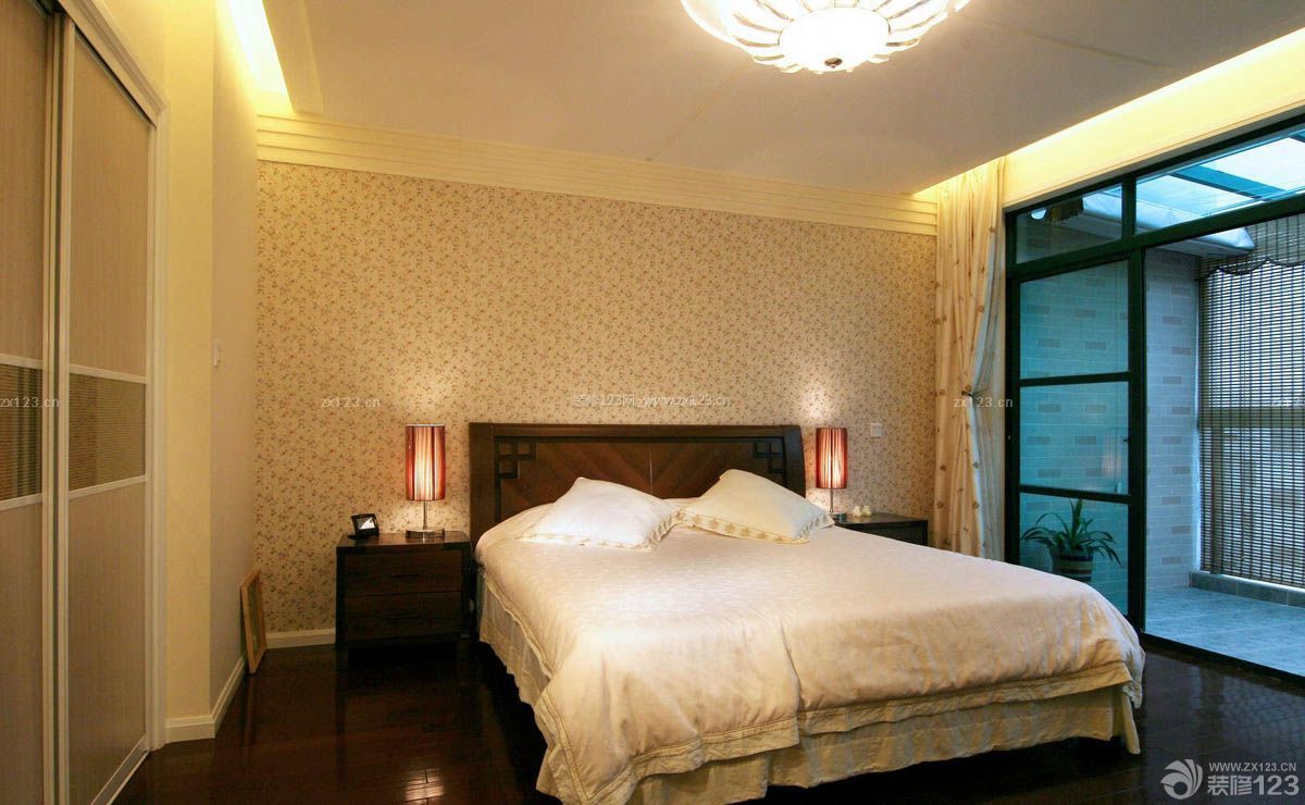 110平方家庭中式卧室床背景墙效果图