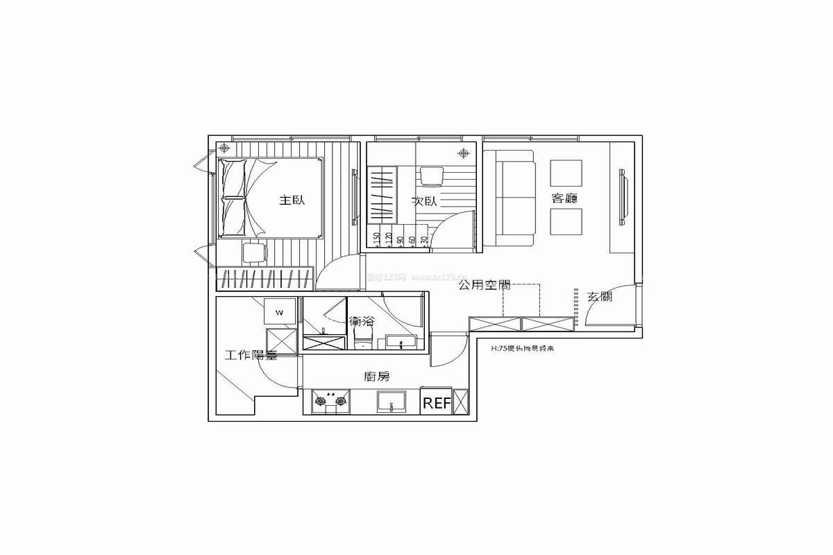 65平米现代风格小户型平面图