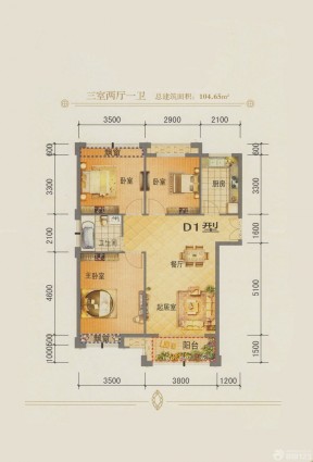 100平三室兩廳二衛戶型圖