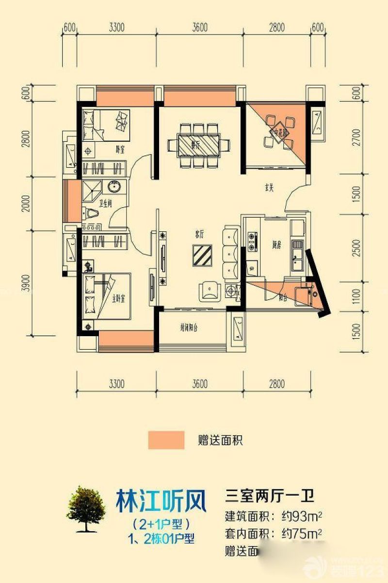 信鸿澜岸户型图1、2栋01户型 3 面积:93.00m2