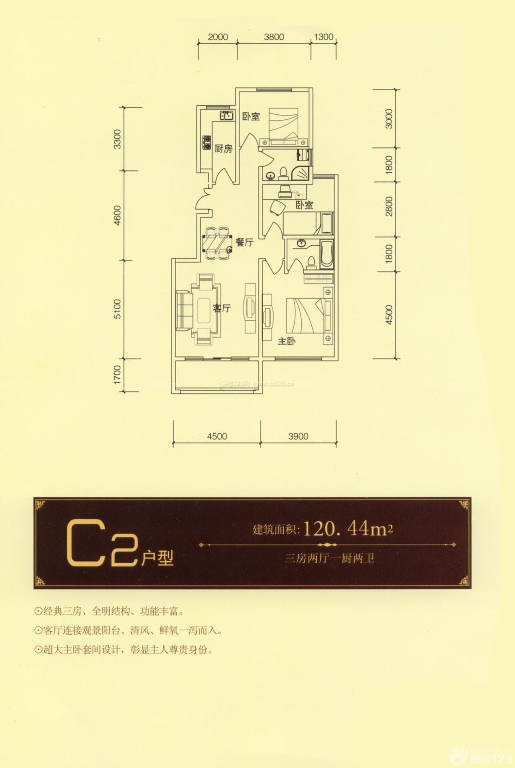 120平米三房?jī)蓮d一衛(wèi)戶型圖