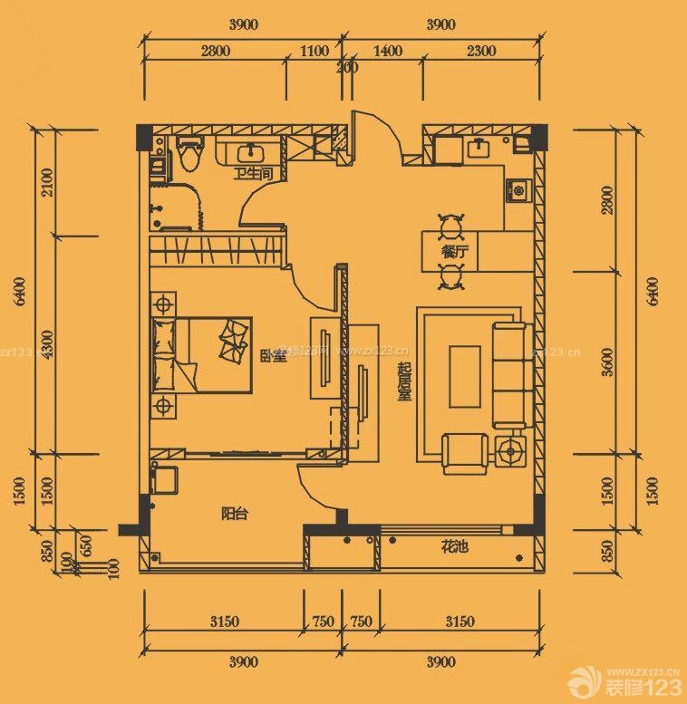 擴展空間的一室一廳公寓戶型圖