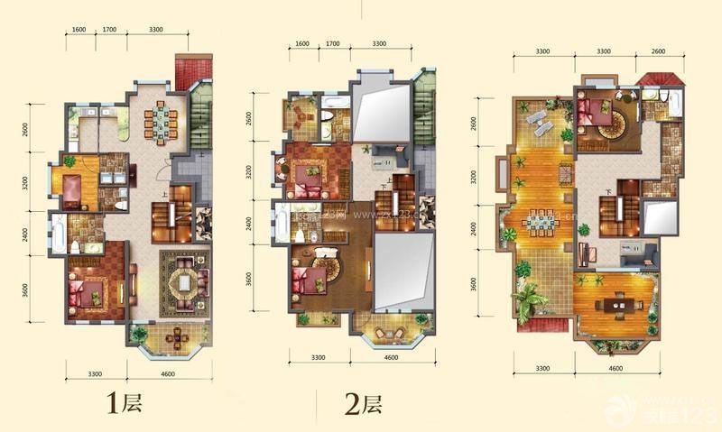 三层独栋别墅户型图 乡村别墅户型图