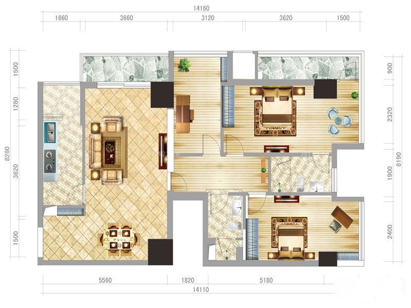 中国中华城户型图B3栋A户型 3室 面积:121.21m2