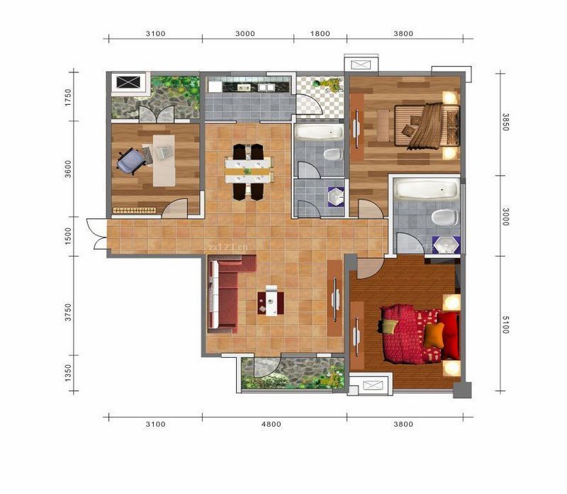 天宇盛世滨江户型图C户型图 2室 面积:96.89㎡