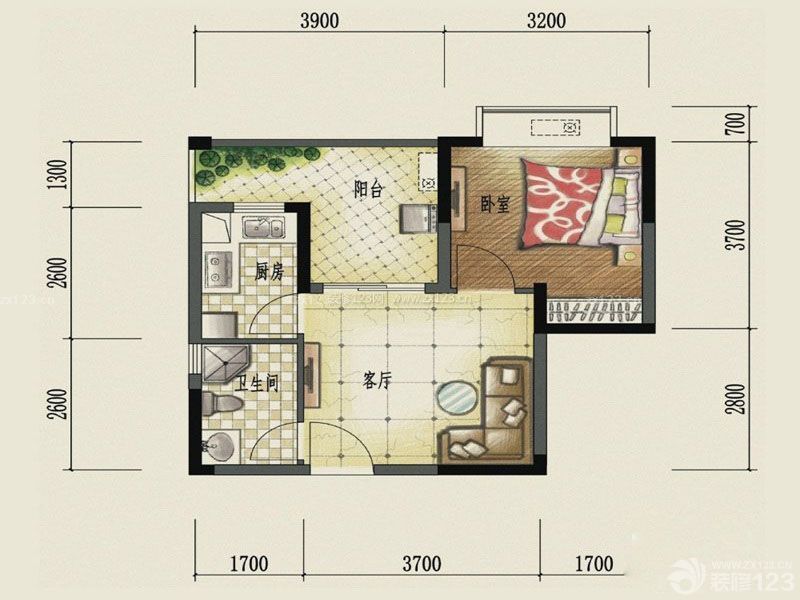 经典39平方一室一厅户型图