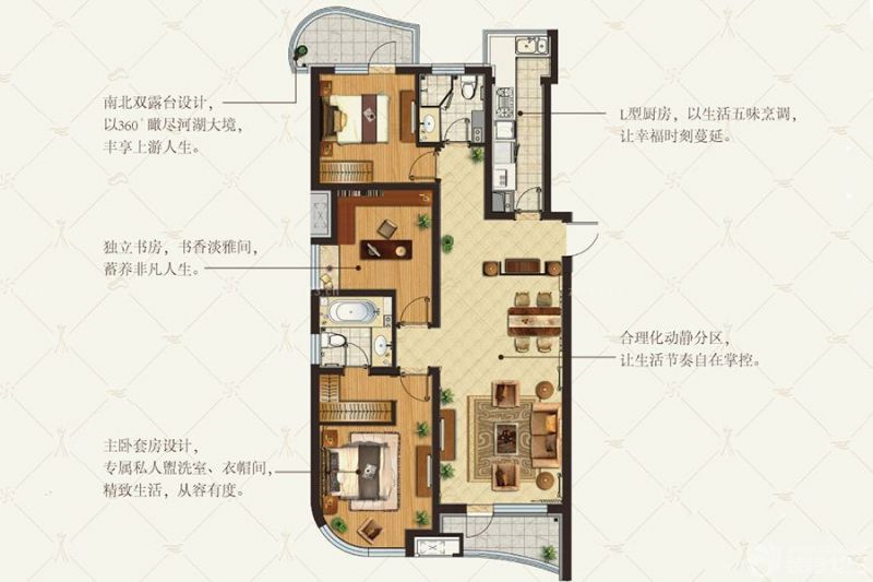 金地棕榈岛户型图h户型 3室2厅 面积:140.00㎡