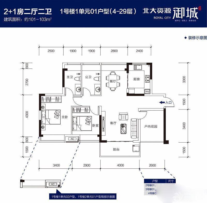 北大资源御城户型图1号楼1单元 面积:103.00㎡