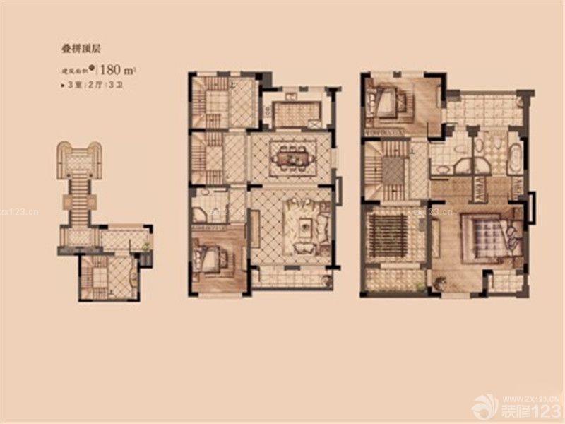 新湖湾户型图叠拼顶层3室2厅3卫 面积:180.00㎡