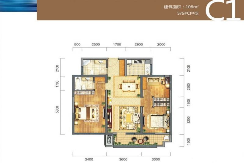 招商江湾国际户型图5/6#c1户型 面积:108.00㎡