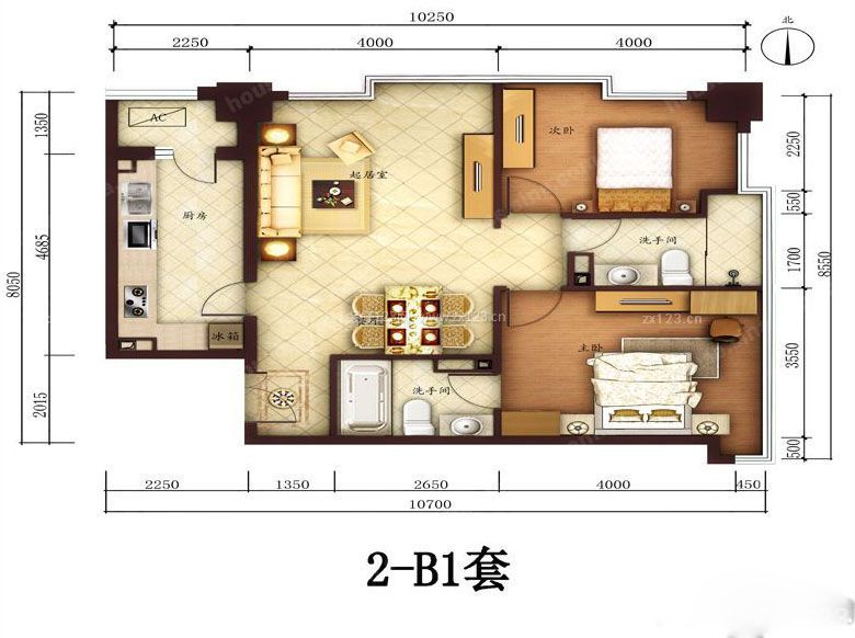 2-B1兩室兩廳兩衛(wèi)戶型圖