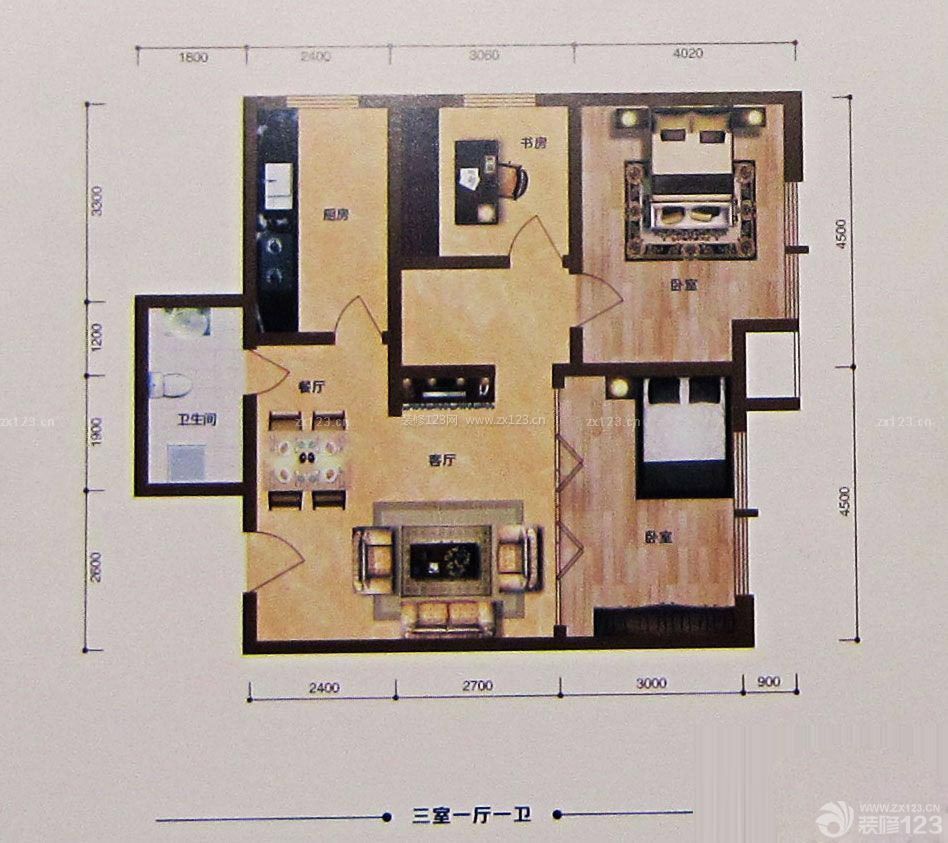 石家庄田园风格88平米设计方案 三室一厅一卫户型图