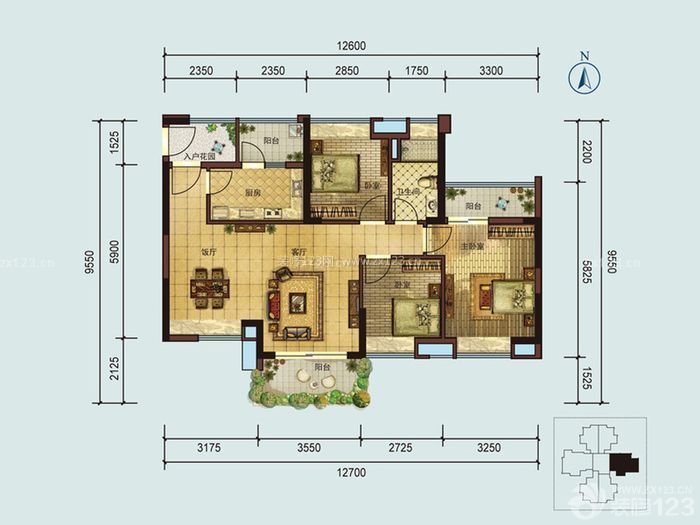 125平米三室一廳一衛(wèi)戶型圖