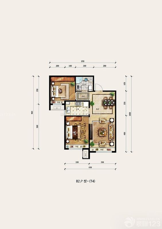 美式風格兩室兩廳一衛(wèi)戶型圖