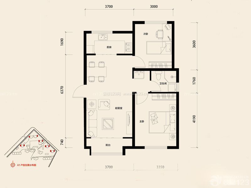武汉现代风格80平米设计方案 两室两厅一卫户型图 _装