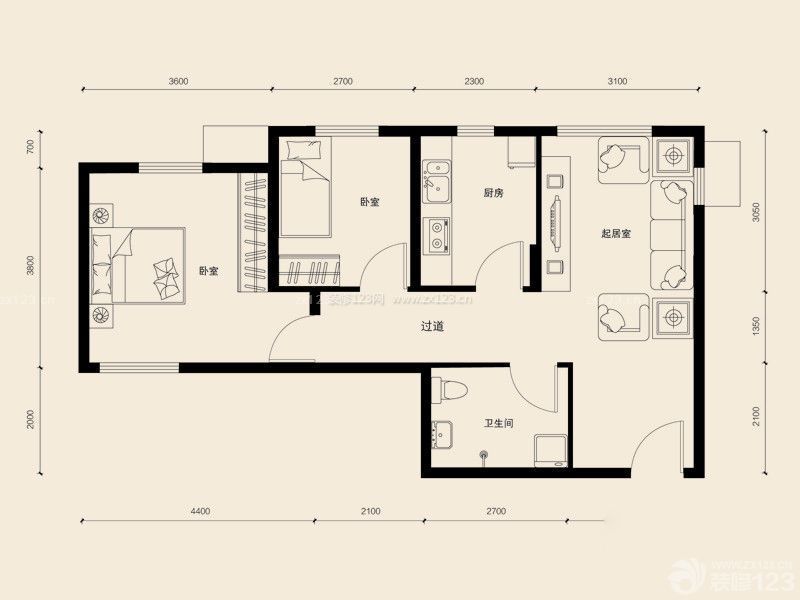 簡約兩室兩廳一衛(wèi)戶型圖