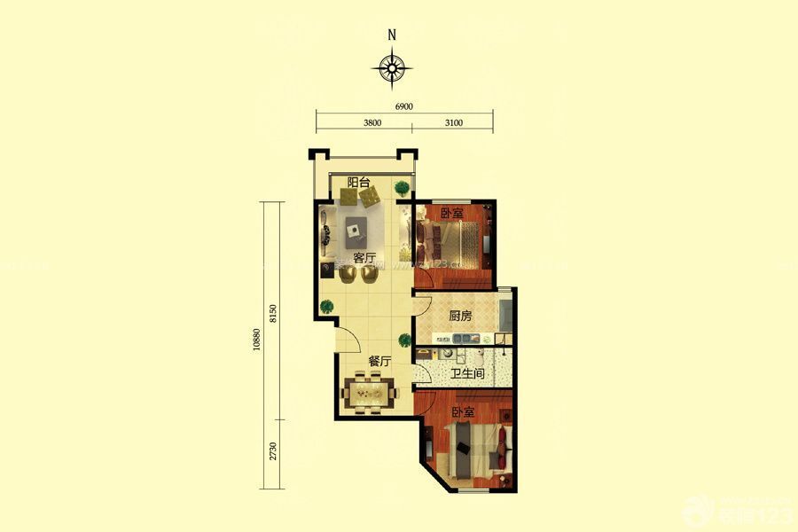 現(xiàn)代兩室兩廳一衛(wèi)戶型圖