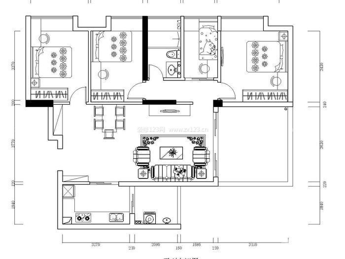 家居室内三室一厅一卫户型图