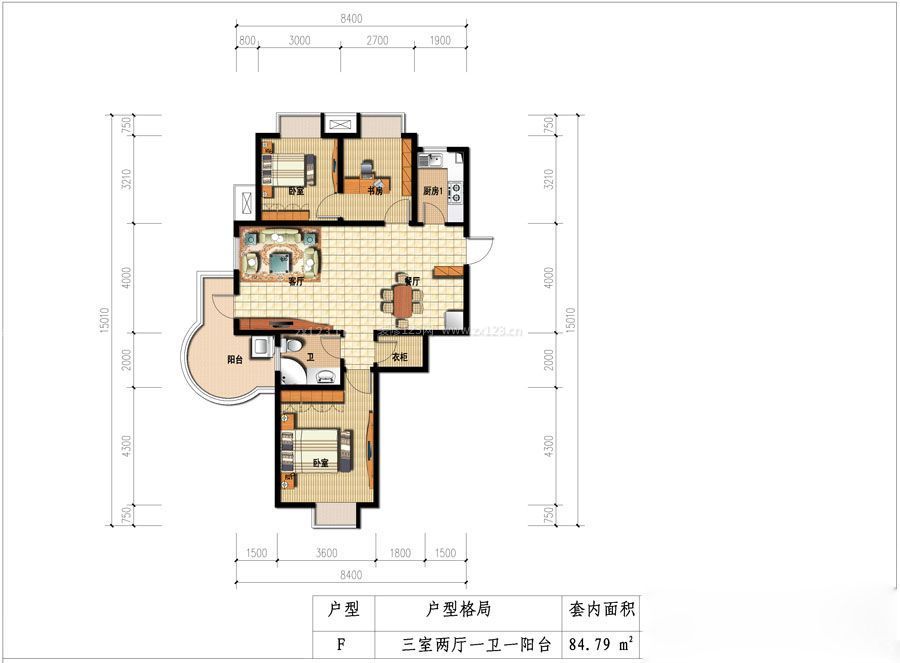 104平米三室兩廳一衛(wèi)戶型圖