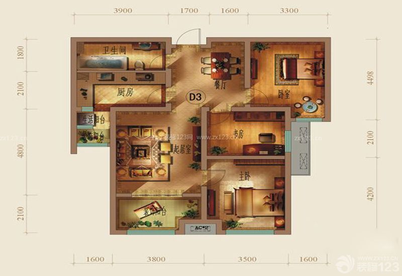 美式風格三室兩廳戶型圖大全