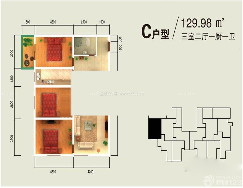 94平三室两厅户型图大全