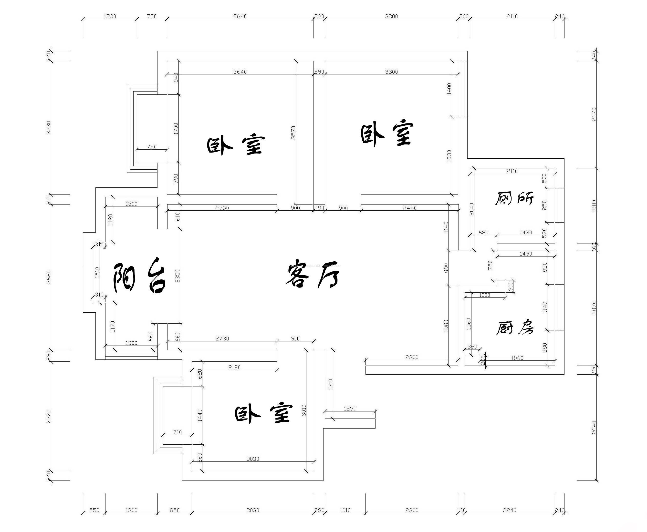 上海新古典风格115平米设计方案 三室一厅平面图_装信
