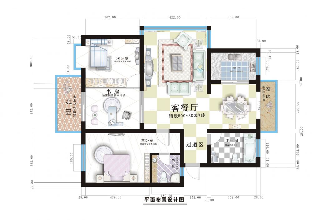 天津美式风格105平米设计方案 三室一厅平面图_装信通