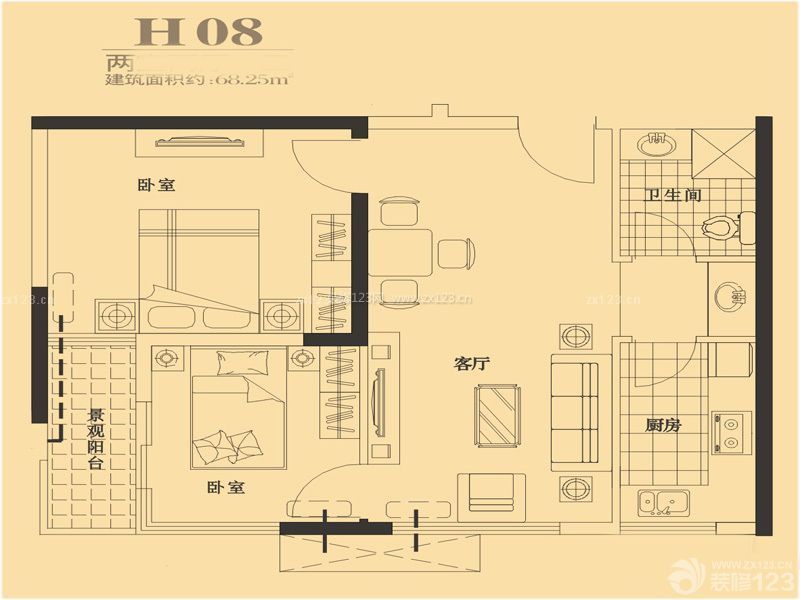 68平两室一厅户型图