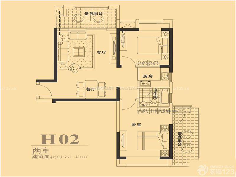 81平兩室一廳戶型圖