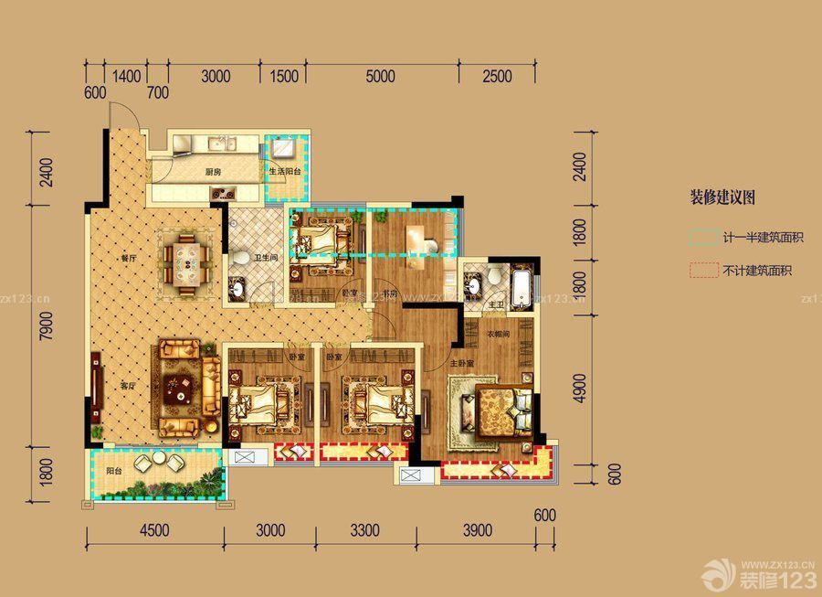 家裝130平米三室兩廳兩衛(wèi)平面圖