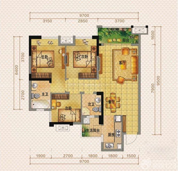 最新108平米三室兩廳兩衛(wèi)平面圖