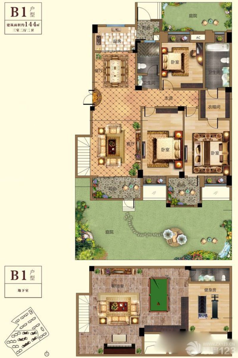 汇悦天地户型图2#楼一层B1户型 面积:144.00㎡