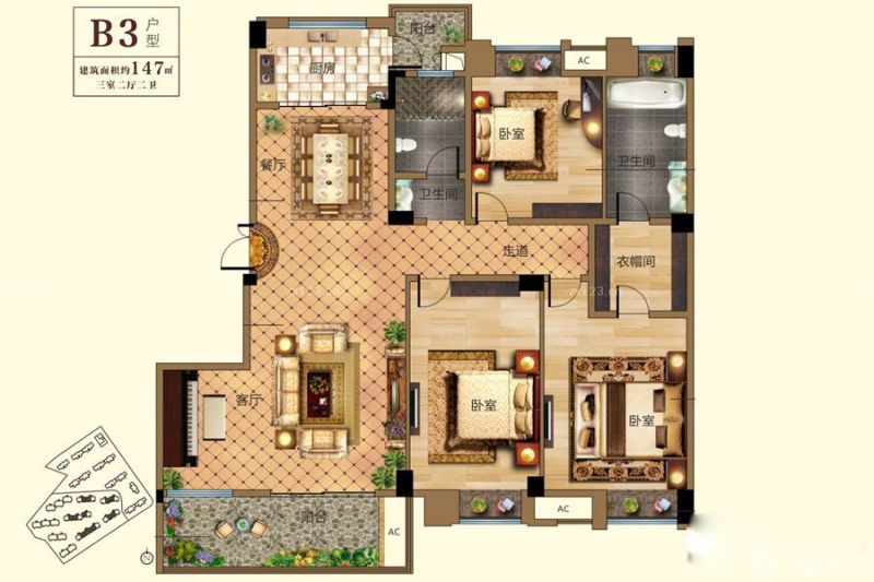 汇悦天地户型图2#楼B3户型 3室 面积:147.00㎡