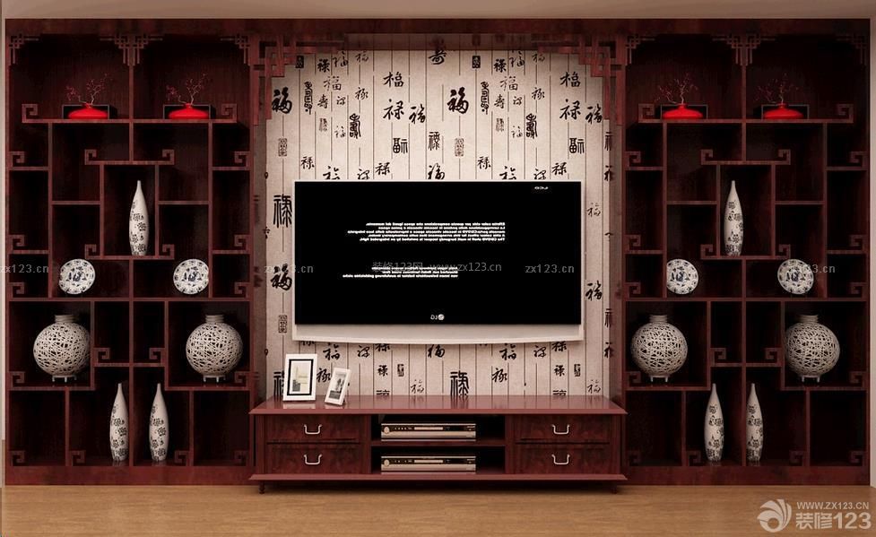 电视背景墙红木博古架实景图