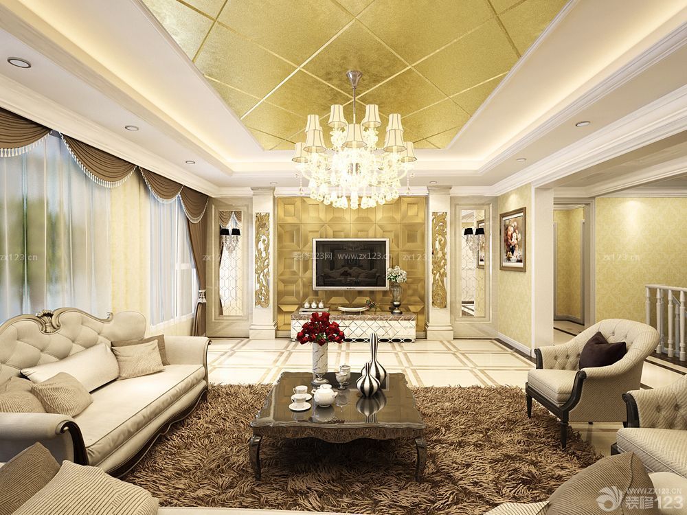 正方形客厅墙面金色壁纸装修设计效果图大全