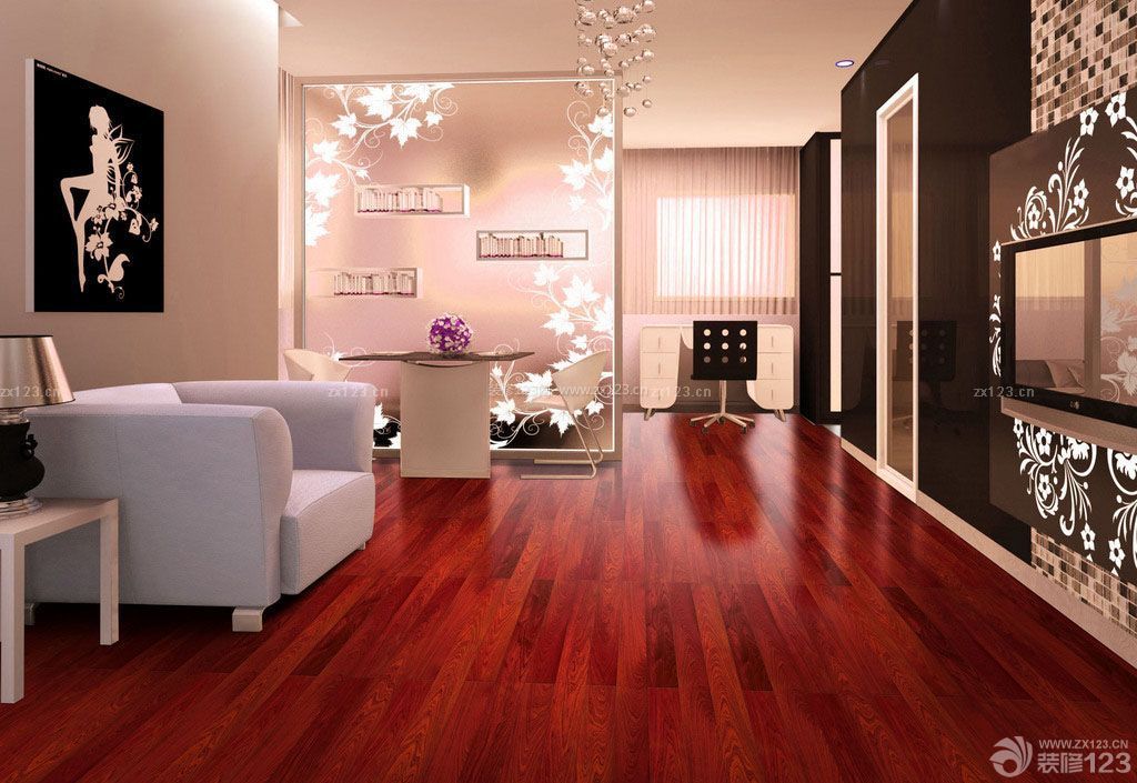 经典客厅红木色木地板设计图_装修123效果图