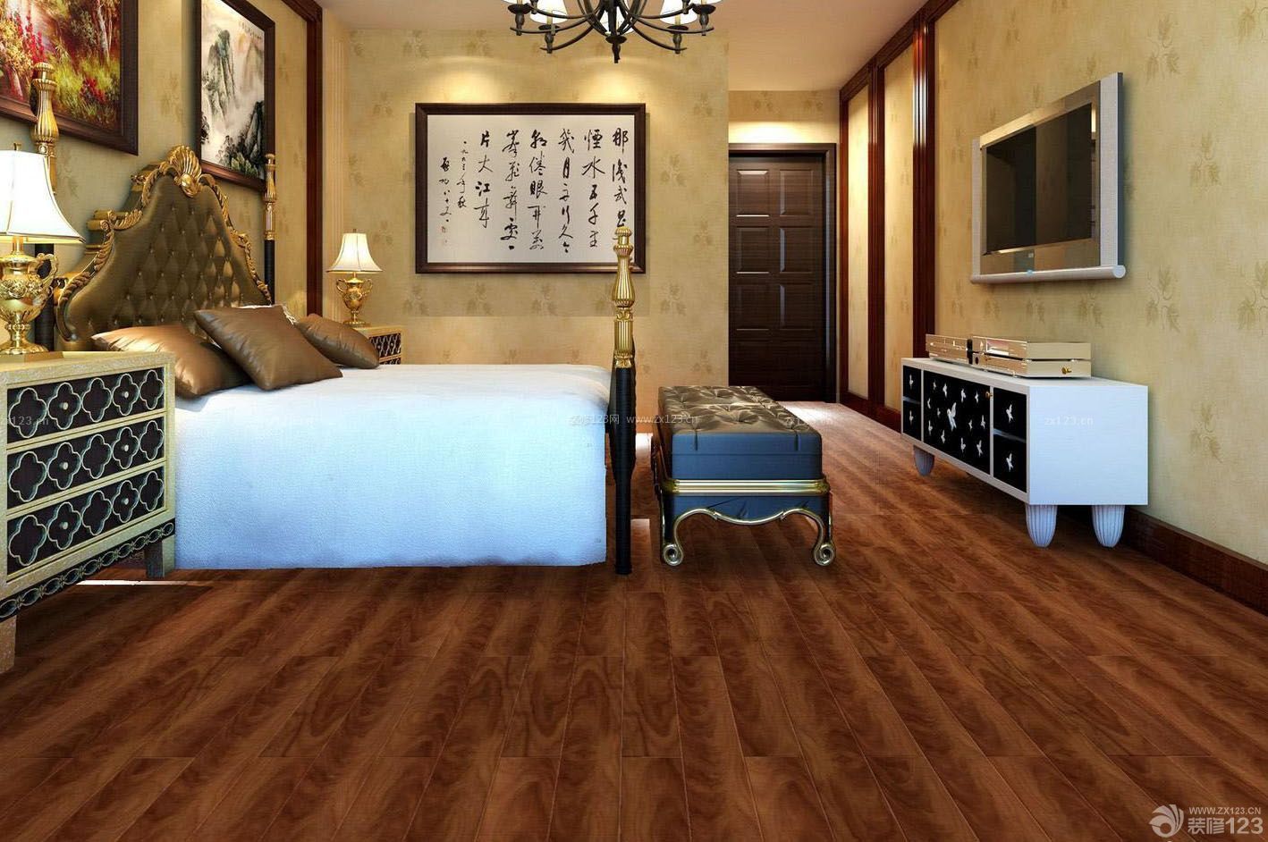 大卧室红木色木地板设计图 
