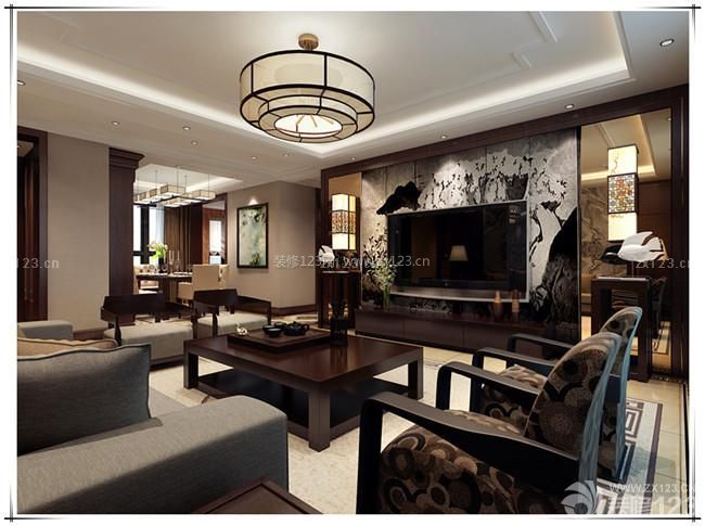 新中式客廳木質(zhì)沙發(fā)擺放圖片