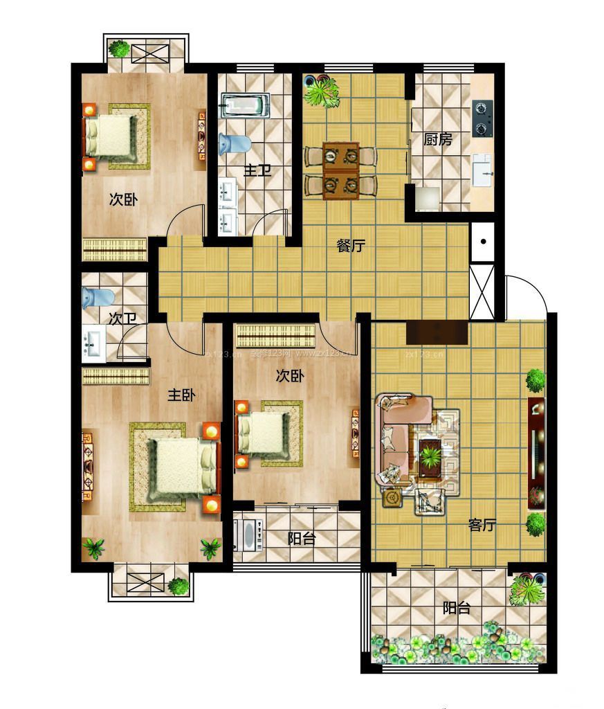 应城美式风格130平米设计方案 三室两厅最佳户型图_装信通网
