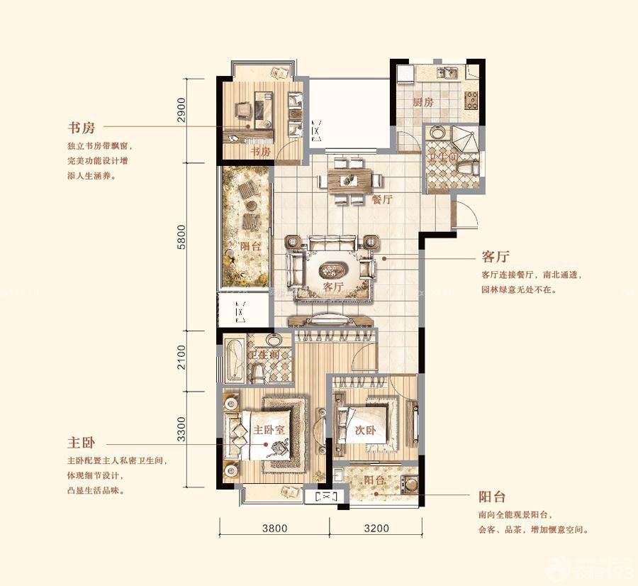 田園風格四房兩廳戶型圖