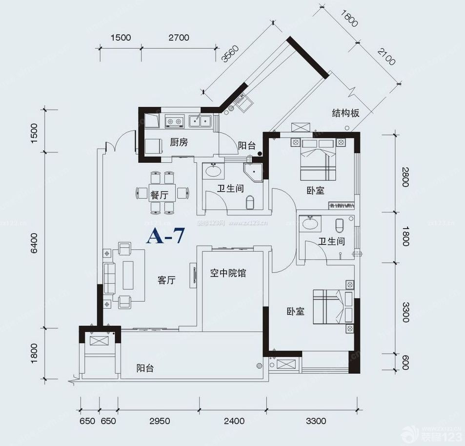 80平方米兩房兩廳戶型圖