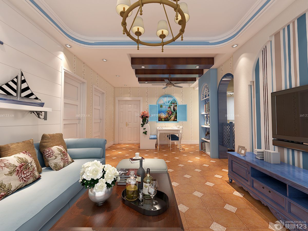 地中海风格新房客厅拼花地砖设计图
