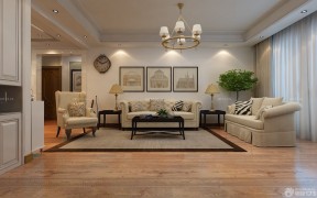 美式客厅地面深棕色木地板装修案例 